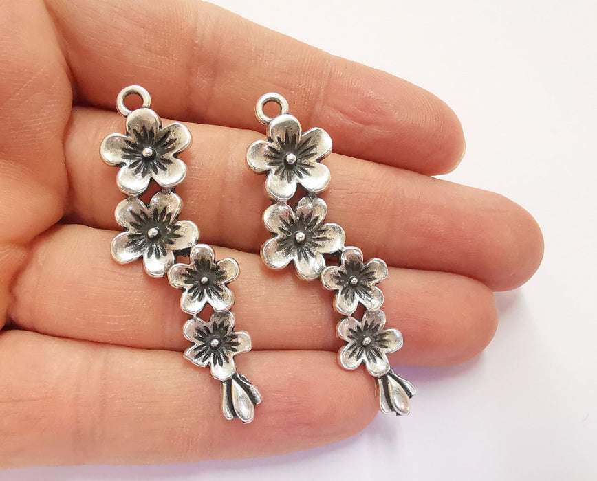 2 Flowers Charms Antique Silver Plated Charms (56x15mm)  G20650