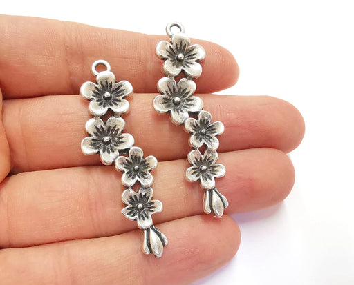 2 Flowers Charms Antique Silver Plated Charms (56x15mm)  G20650