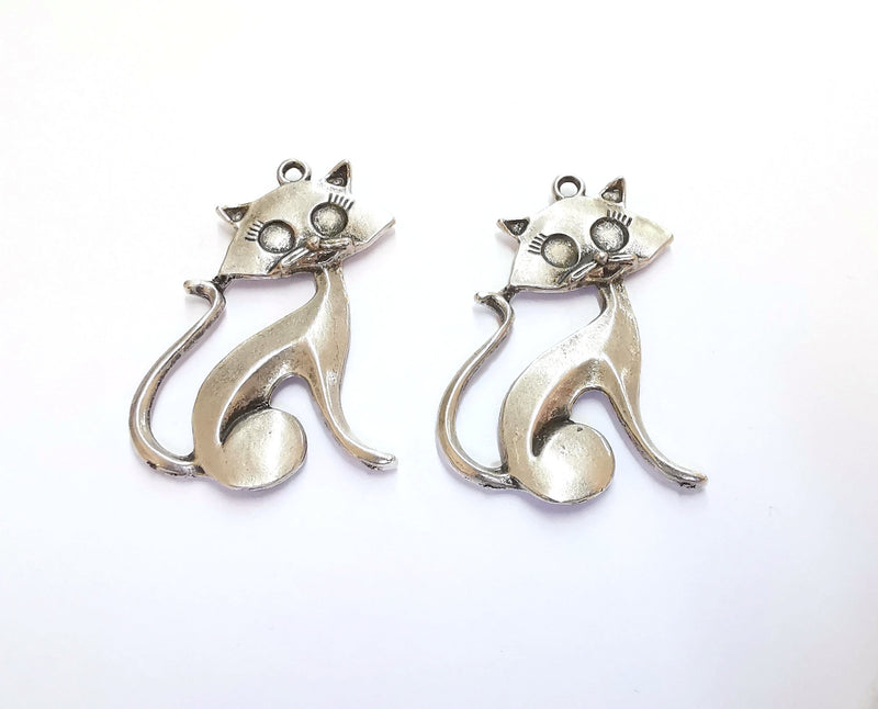 2 Cat Charms Antique Silver Plated Charms (44x31mm)  G20671