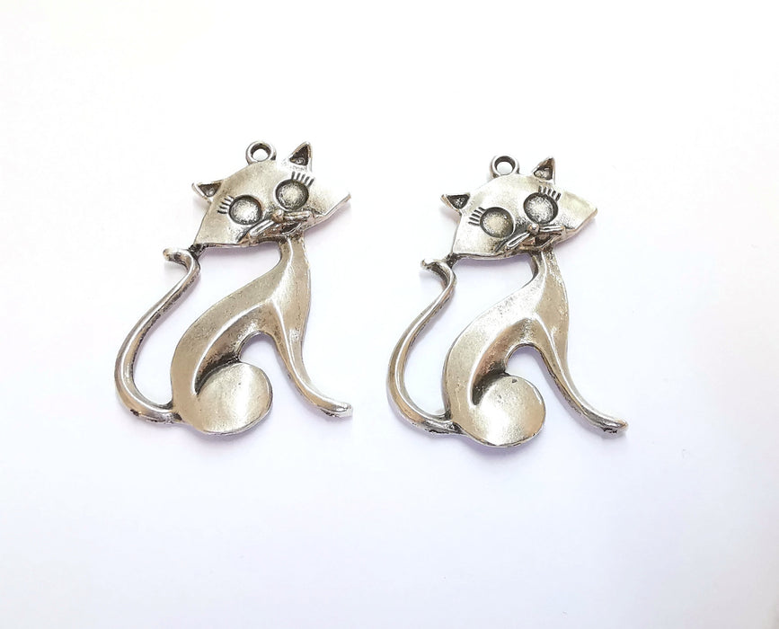 2 Cat Charms Antique Silver Plated Charms (44x31mm)  G20671