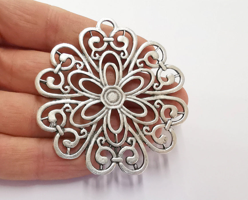 Flower Silver Pendant Antique Silver Plated Pendant (68x65mm)  G20668