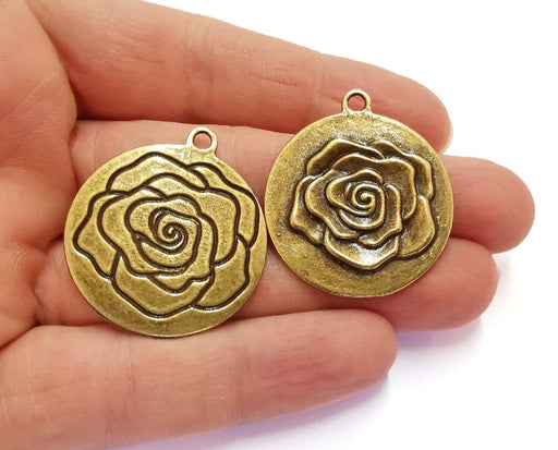 2 Rose Flower Double Sided (Sides Different) Charms Antique Bronze Plated Charms (36x32mm)  G20690