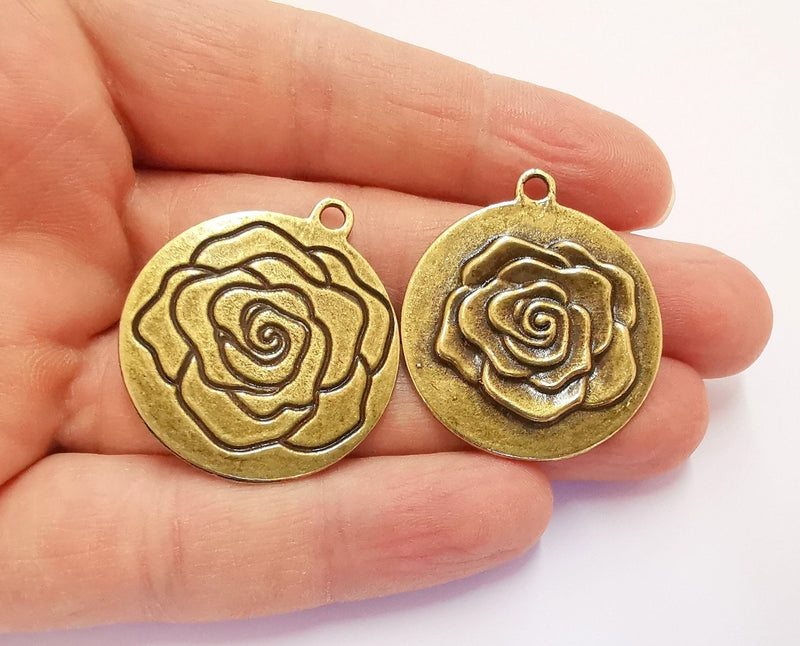 2 Rose Flower Double Sided (Sides Different) Charms Antique Bronze Plated Charms (36x32mm)  G20690