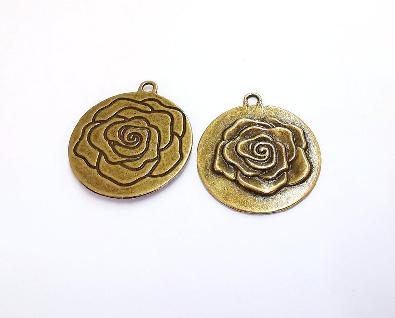 2 Rose Flower Double Sided (Sides Different) Charms Antique Bronze Plated Charms (36x32mm)  G20690