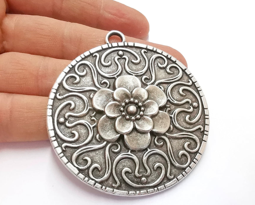 Flower Silver Pendant Antique Silver Plated Pendant (71x65mm)  G20112