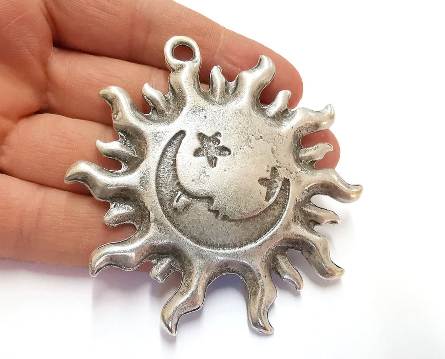 Sun Moon Star Silver Pendant Antique Silver Plated Pendant (78x76mm)  G20124