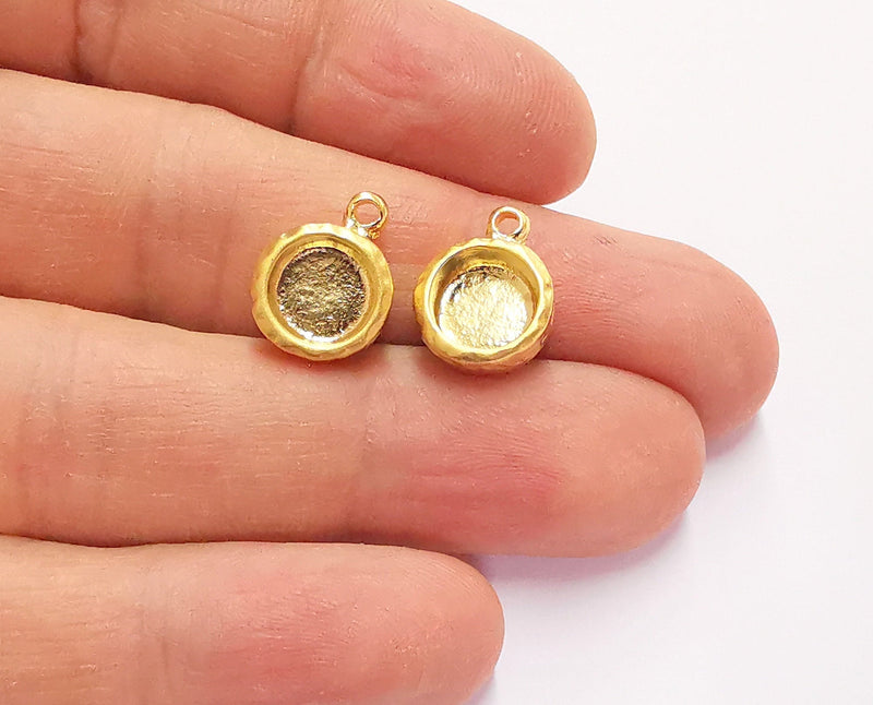 2 Hammered Charms Blank Bezel Resin Bezel Mosaic Mountings Gold Plated Charms Cabochon Tray (15x12mm)( 8 mm Bezel Inner Size)  G20734