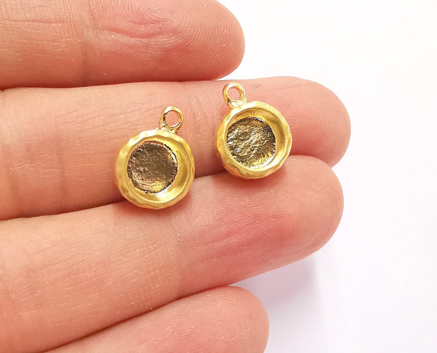 2 Hammered Charms Blank Bezel Resin Bezel Mosaic Mountings Gold Plated Charms Cabochon Tray (15x12mm)( 8 mm Bezel Inner Size)  G20734