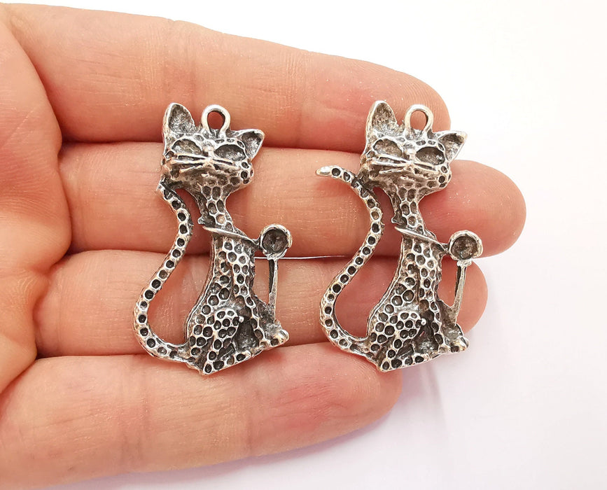 2 Cat Charms Antique Silver Plated Charms (45x30mm)  G20216