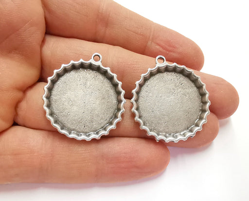 2 Silver Charms Blank Bezel Resin Bezel Mosaic Mountings Antique Silver Plated Charms (33x30mm) (25 mm Bezel Inner Size)  G20769