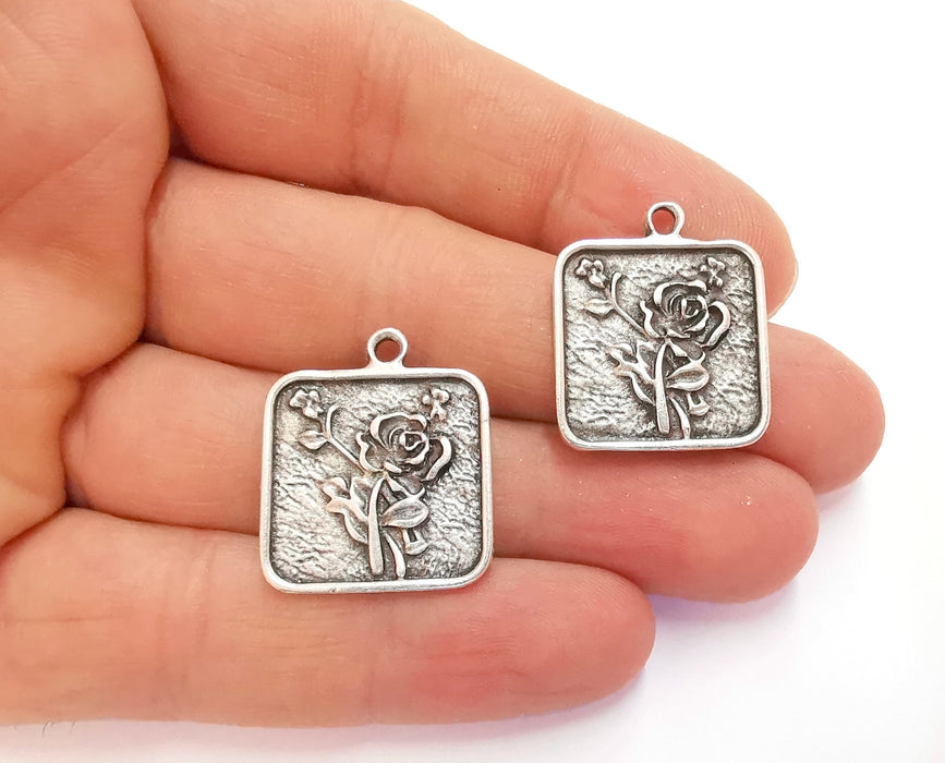 2 Rose Charms Antique Silver Plated Charms (26x22mm)  G24741