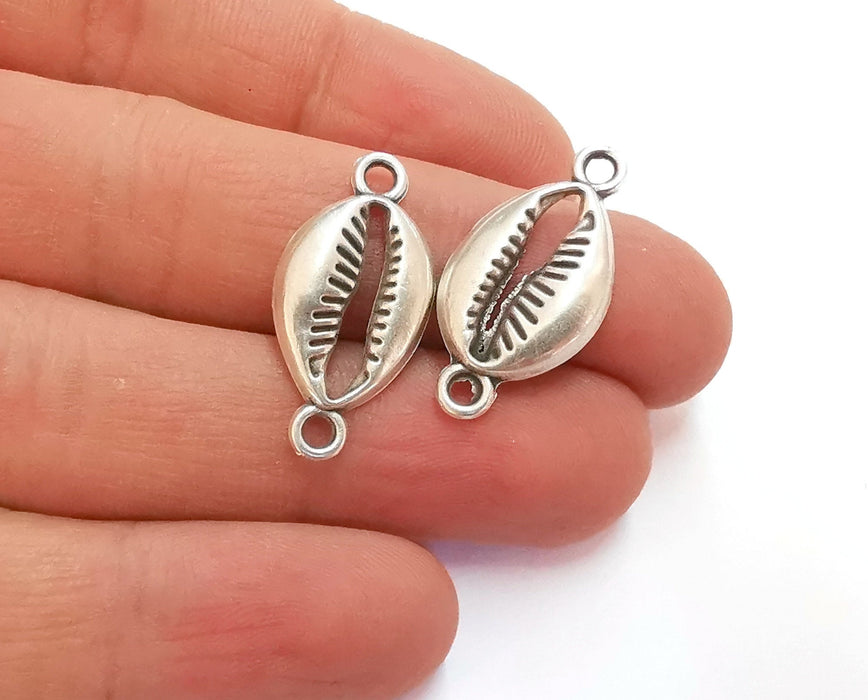 10 Cowrie Shell Charms Connector Silver Charms Antique Silver Plated Metal (27x14mm) G24956