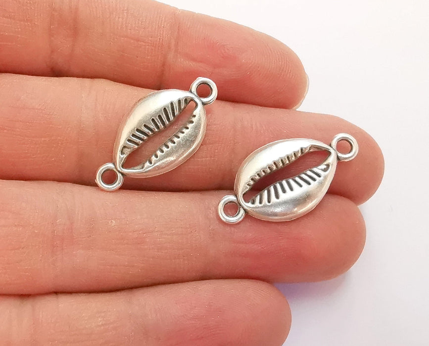 10 Cowrie Shell Charms Connector Silver Charms Antique Silver Plated Metal (27x14mm) G24956