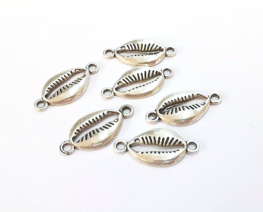 10 Cowrie Shell Charms Connector Silver Charms Antique Silver Plated Metal (27x14mm) G24956