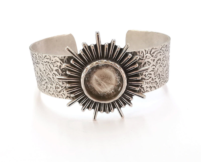 Sun Bracelet Blank Resin Bangle Dry Flower inlay Blank Cuff Bezel Glass Cabochon Base Textured Adjustable Antique Silver (16mm ) G20371