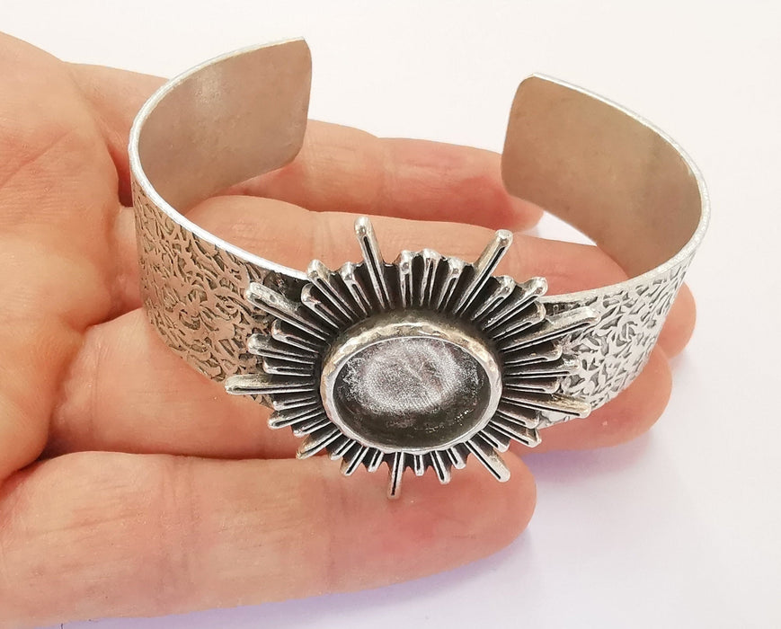 Sun Bracelet Blank Resin Bangle Dry Flower inlay Blank Cuff Bezel Glass Cabochon Base Textured Adjustable Antique Silver (16mm ) G20371