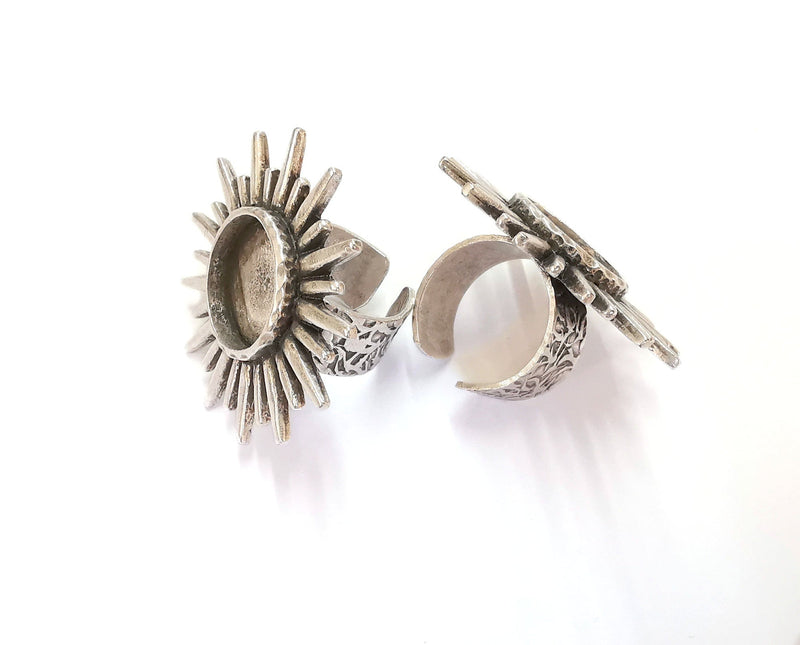 Sun Ring Blank Setting Textured Base Bezel inlay Ring Backs Glass Cabochon Mounting Adjustable Antique Silver Plated (16mm bezel ) G24414