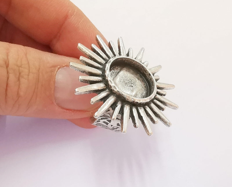 Sun Ring Blank Setting Textured Base Bezel inlay Ring Backs Glass Cabochon Mounting Adjustable Antique Silver Plated (16mm bezel ) G24414