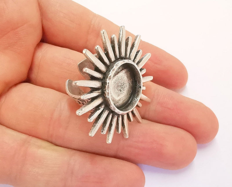 Sun Ring Blank Setting Textured Base Bezel inlay Ring Backs Glass Cabochon Mounting Adjustable Antique Silver Plated (16mm bezel ) G24414