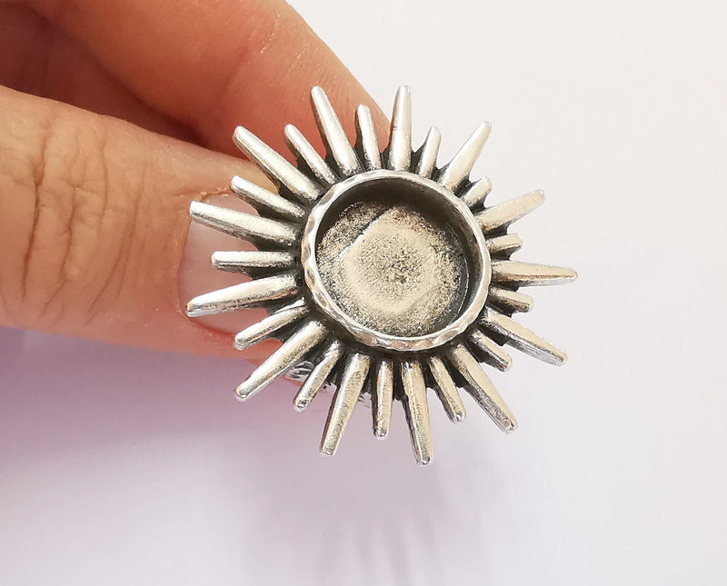 Sun Ring Blank Setting Textured Base Bezel inlay Ring Backs Glass Cabochon Mounting Adjustable Antique Silver Plated (16mm bezel ) G24414