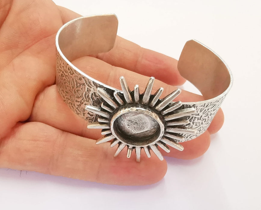 Sun Bracelet Blank Resin Bangle Dry Flower inlay Blank Cuff Bezel Glass Cabochon Base Textured Adjustable Antique Silver (16mm ) G20383