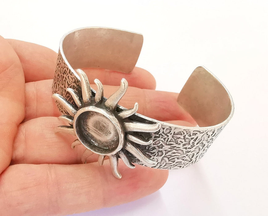 Sun Bracelet Blank Resin Bangle Dry Flower inlay Blank Cuff Bezel Glass Cabochon Base Textured Adjustable Antique Silver (16mm ) G20387