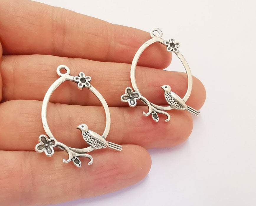 2 Bird Flower Charms Antique Silver Plated Charms (39x30mm)  G20389