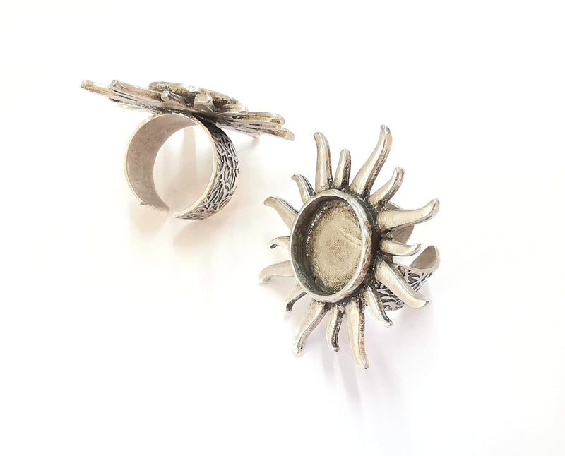 Sun Ring Blank Setting Textured Base Bezel inlay Ring Backs Glass abochon Mounting Adjustable Antique Silver Plated (16mm bezel ) G20390