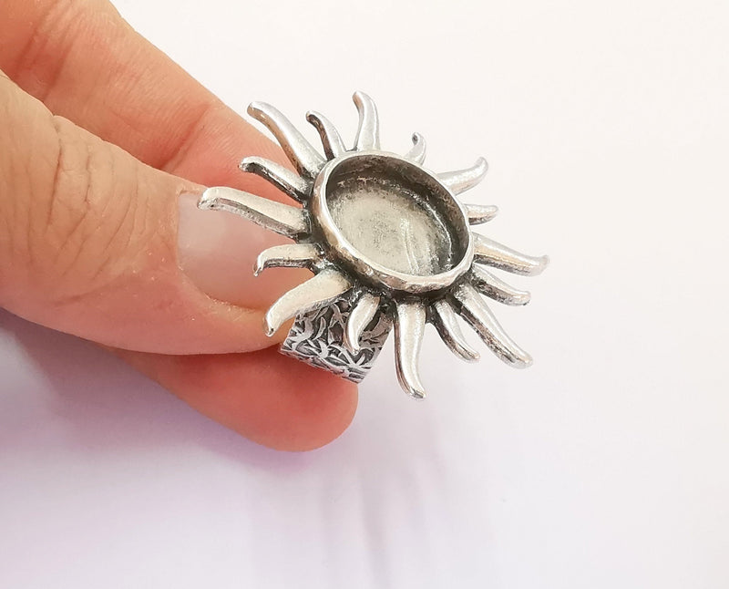 Sun Ring Blank Setting Textured Base Bezel inlay Ring Backs Glass abochon Mounting Adjustable Antique Silver Plated (16mm bezel ) G20390