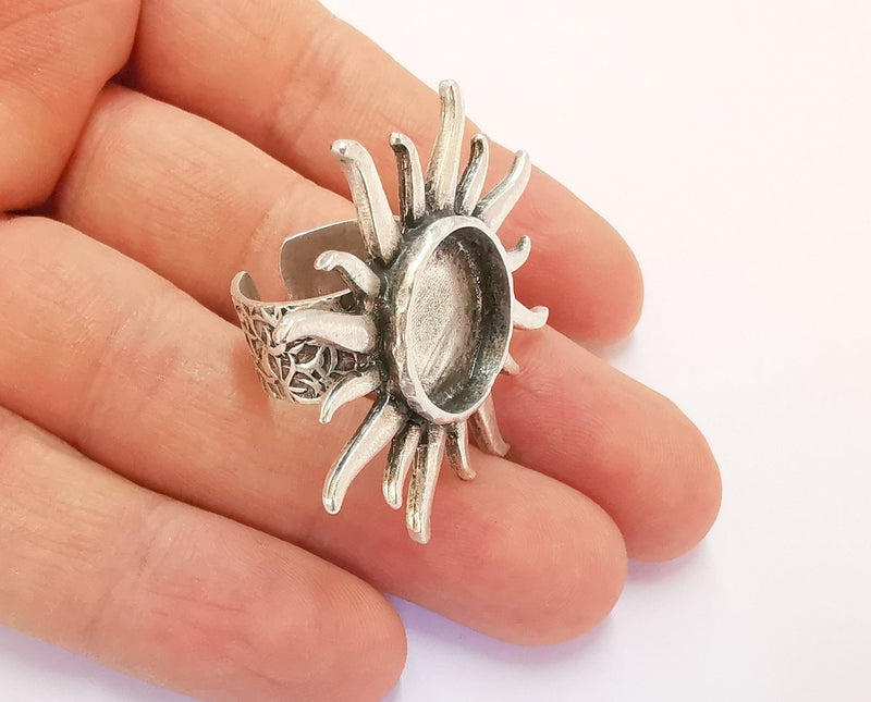 Sun Ring Blank Setting Textured Base Bezel inlay Ring Backs Glass abochon Mounting Adjustable Antique Silver Plated (16mm bezel ) G20390