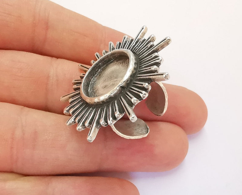Sun Ring Blank Setting Textured Base Bezel inlay Ring Backs Glass Cabochon Mounting Adjustable Antique Silver Plated (16mm bezel ) G22056