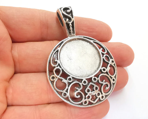 Filigree Charms Blank Bezel Resin Bezel Mosaic Mountings Antique Silver Plated Charms (63x43mm) (24 mm Bezel Inner Size)  G21377