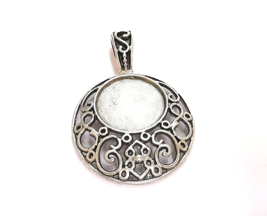 Filigree Charms Blank Bezel Resin Bezel Mosaic Mountings Antique Silver Plated Charms (63x43mm) (24 mm Bezel Inner Size)  G21377