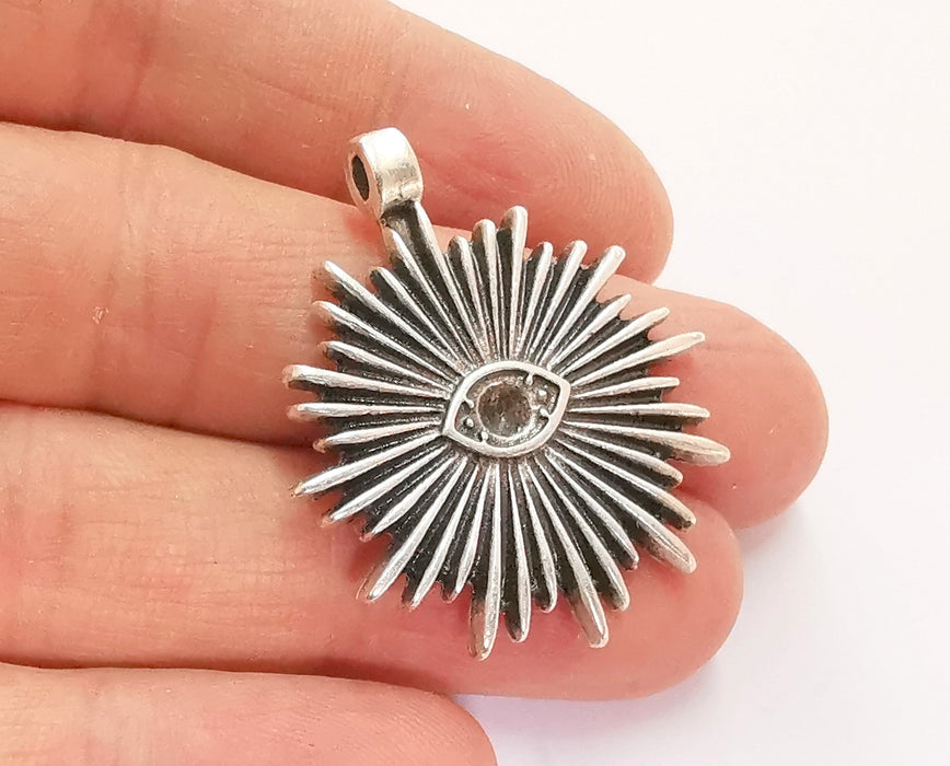 2 Eye Sun Pendant Blank Chaton Crystal Bezel Antique Silver Plated Brass (39x33mm)(3.5mm Blank)  G20836