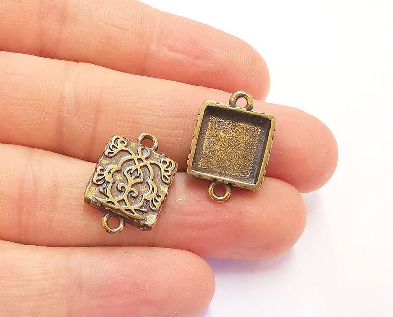 4 Flower Connector Blank Bezel Resin Bezel Mosaic Mountings Antique Bronze Plated Charms (21x15mm)( 12x12 mm Bezel Inner Size)  G20440