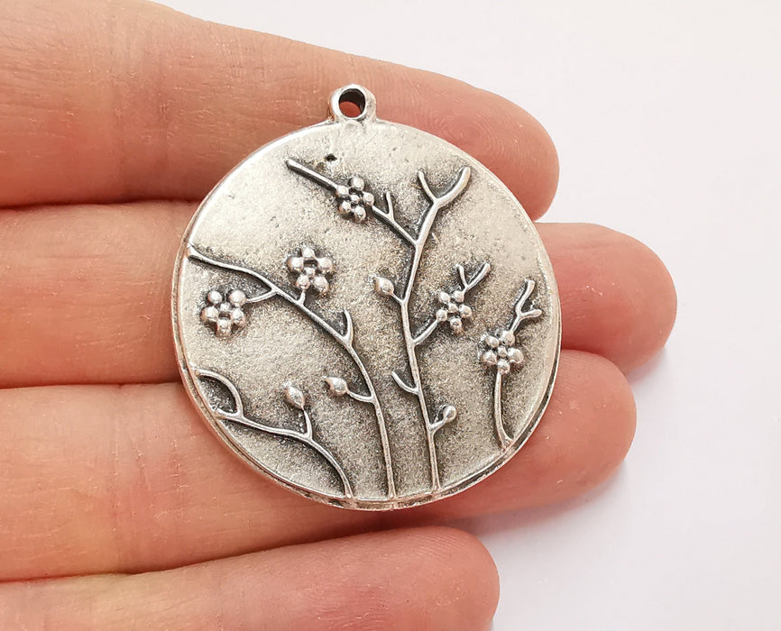 Branch Flower Pendants Blank Resin Bezel Mosaic Mountings Antique Silver Plated Pendant Cabochon (44x39mm)( 36 mm Bezel Inner Size)  G20863