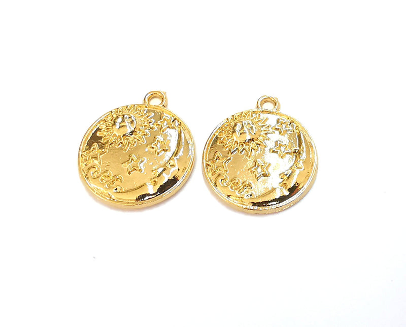 2 Moon Stars Sun Charms Shiny Gold Plated Charms (23x19mm)  G20869