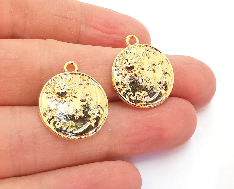 2 Moon Stars Sun Charms Shiny Gold Plated Charms (23x19mm)  G20869
