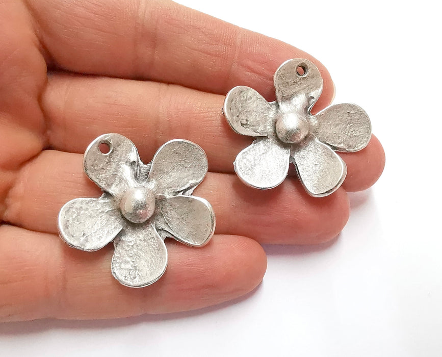 2 Flowers Charms Antique Silver Plated Charms (33x36mm)  G20481