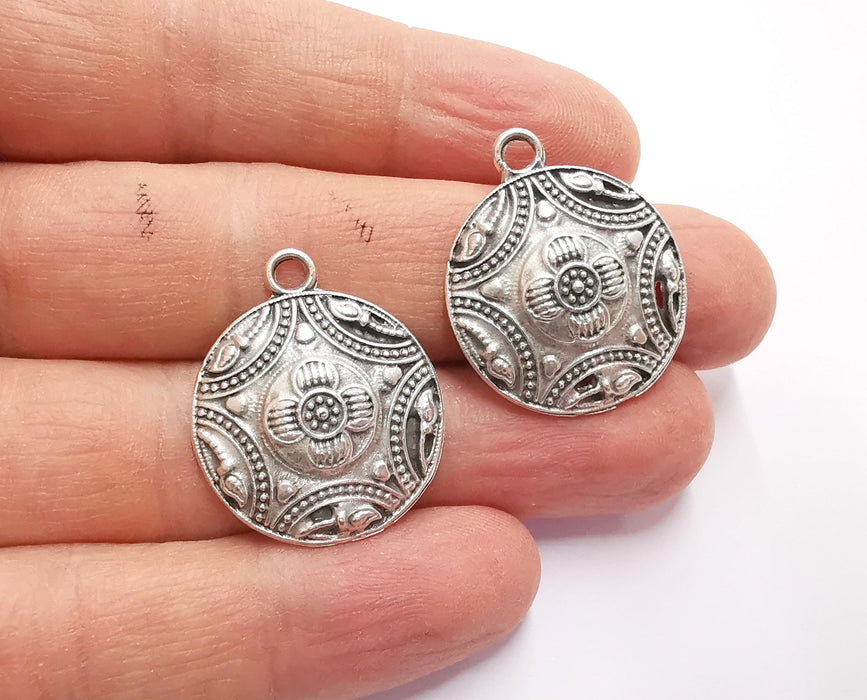 2 Flowers Charms Antique Silver Plated Charms (29x24mm)  G20517