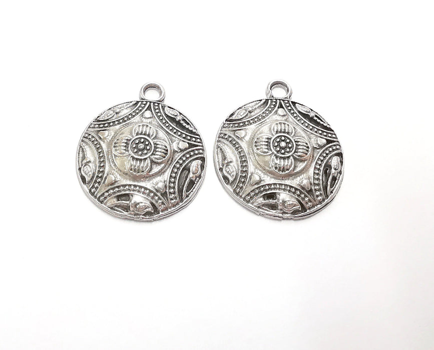 2 Flowers Charms Antique Silver Plated Charms (29x24mm)  G20517