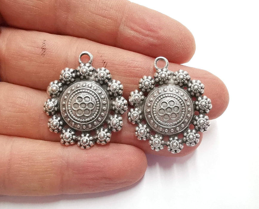 2 Flowers Charms Antique Silver Plated Charms (32x28mm)  G20521