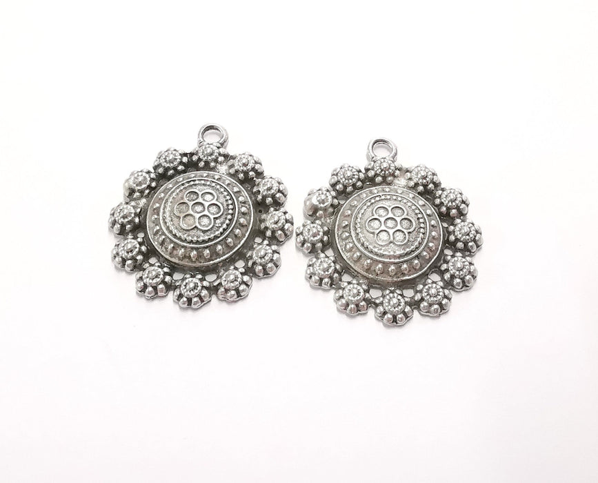 2 Flowers Charms Antique Silver Plated Charms (32x28mm)  G20521