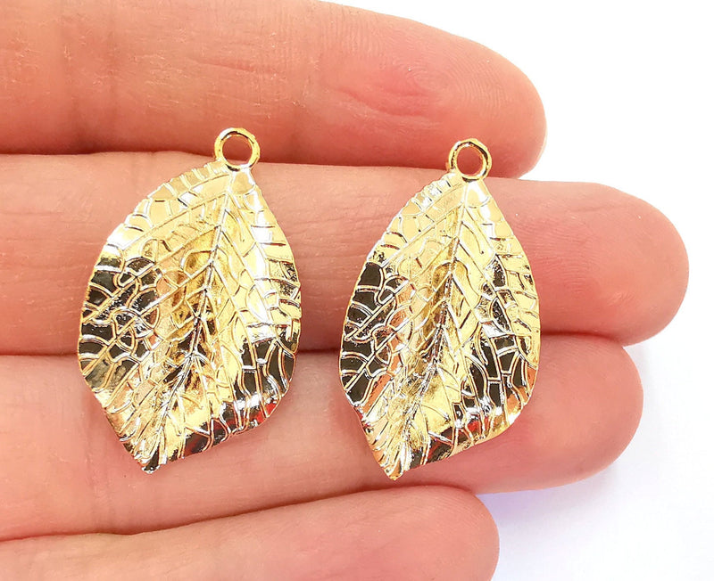 2 Leaf Charms Shiny Gold Plated Charms (34x20mm)  G22370