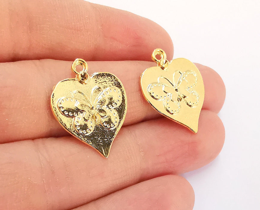 2 Heart Butterfly Charms Shiny Gold Plated Charms (25x20mm)  G20880