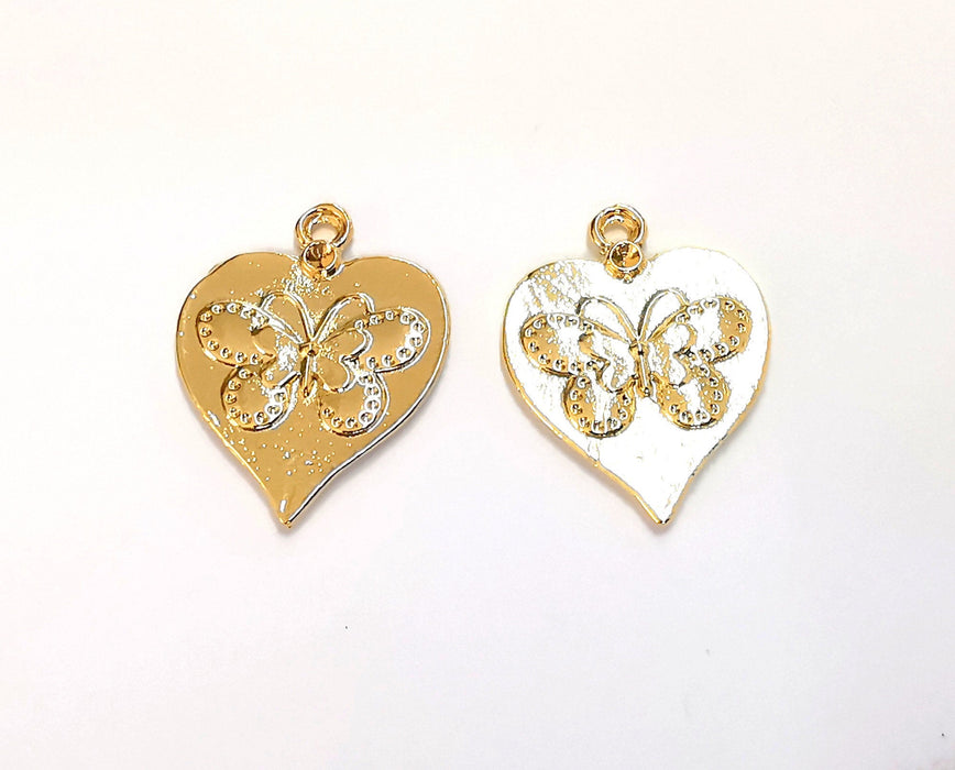 2 Heart Butterfly Charms Shiny Gold Plated Charms (25x20mm)  G20880