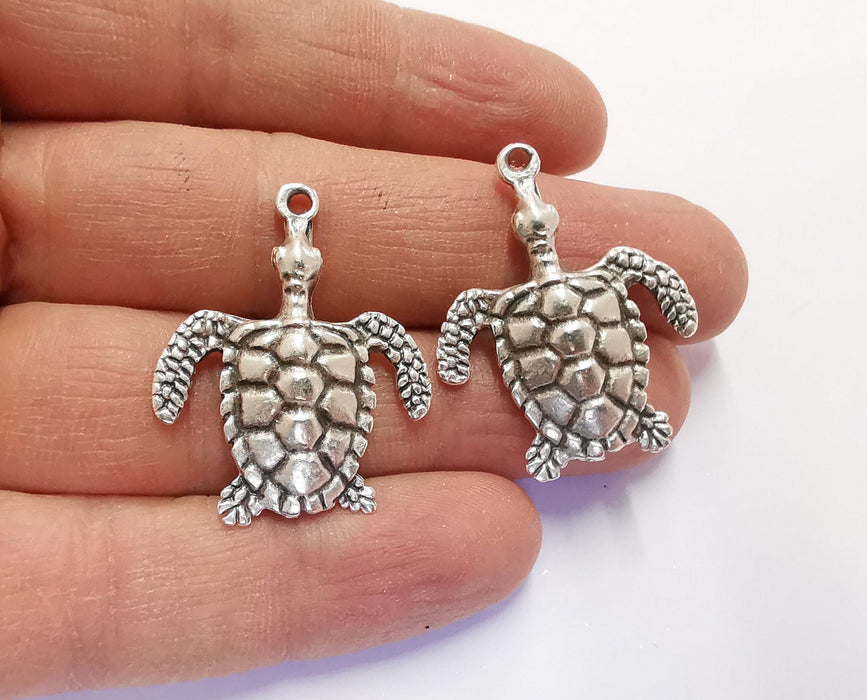 2 Sea Turtle Charms Antique Silver Plated Charms (35x28mm)  G20548