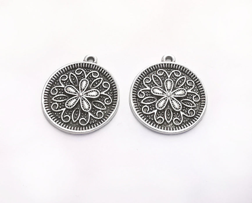 4 Flower Charms Antique Silver Plated Charms (26x23mm)  G20554