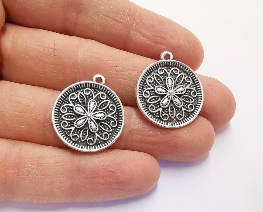 4 Flower Charms Antique Silver Plated Charms (26x23mm)  G20554