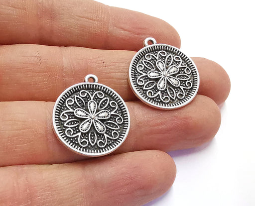 4 Flower Charms Antique Silver Plated Charms (26x23mm)  G20554